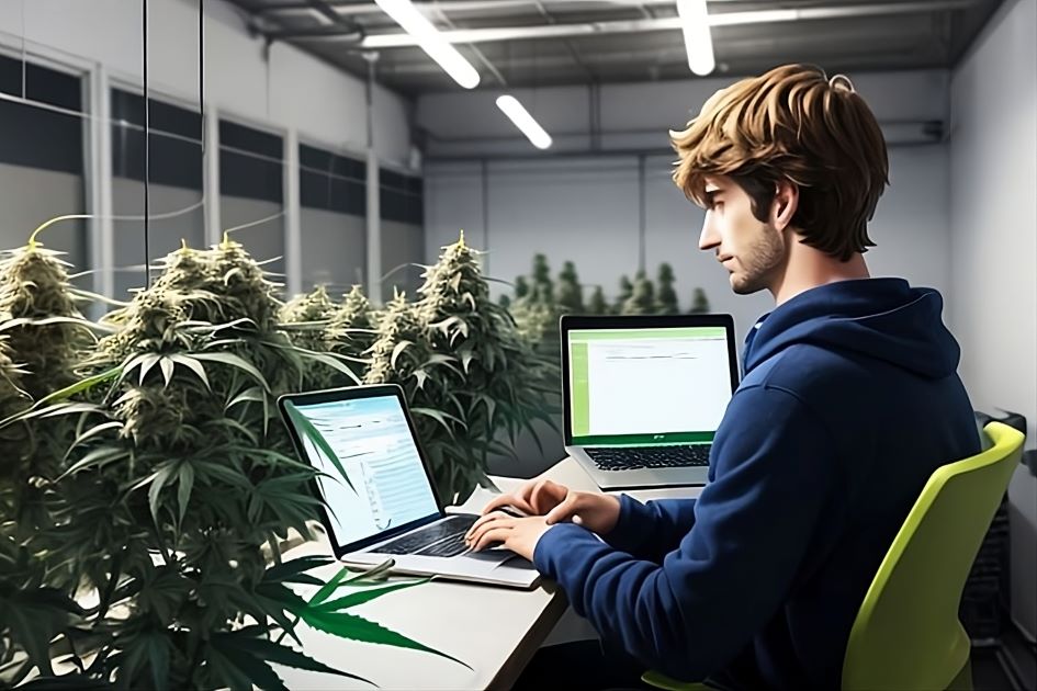 cannabis content writing services depicted by handsome man typing on laptop in grow house